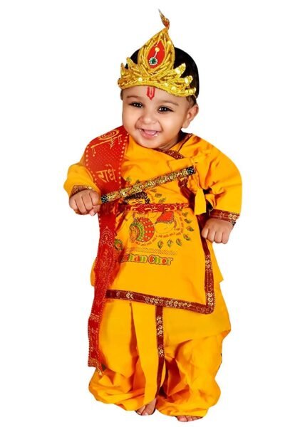  Kids Cotton Yellow Krishna Style Kurta & Dhoti Dress (Pack Of 5-Kurta,Dhoti,Bansuri,Mukut,Patka